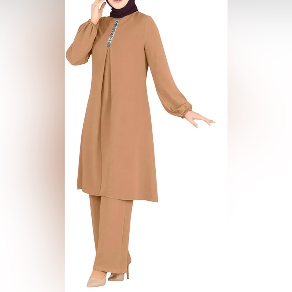 Abayas Dress For Women Muslim Long Sleeve Loose Top Pants 2 Pcs Matching Sets